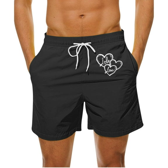 Kmdttou Men's Shorts Casual Fashionable And Casual Heart-Shaped Printed Drawstring Pocket Beach Shorts (Available in Big & Tall)