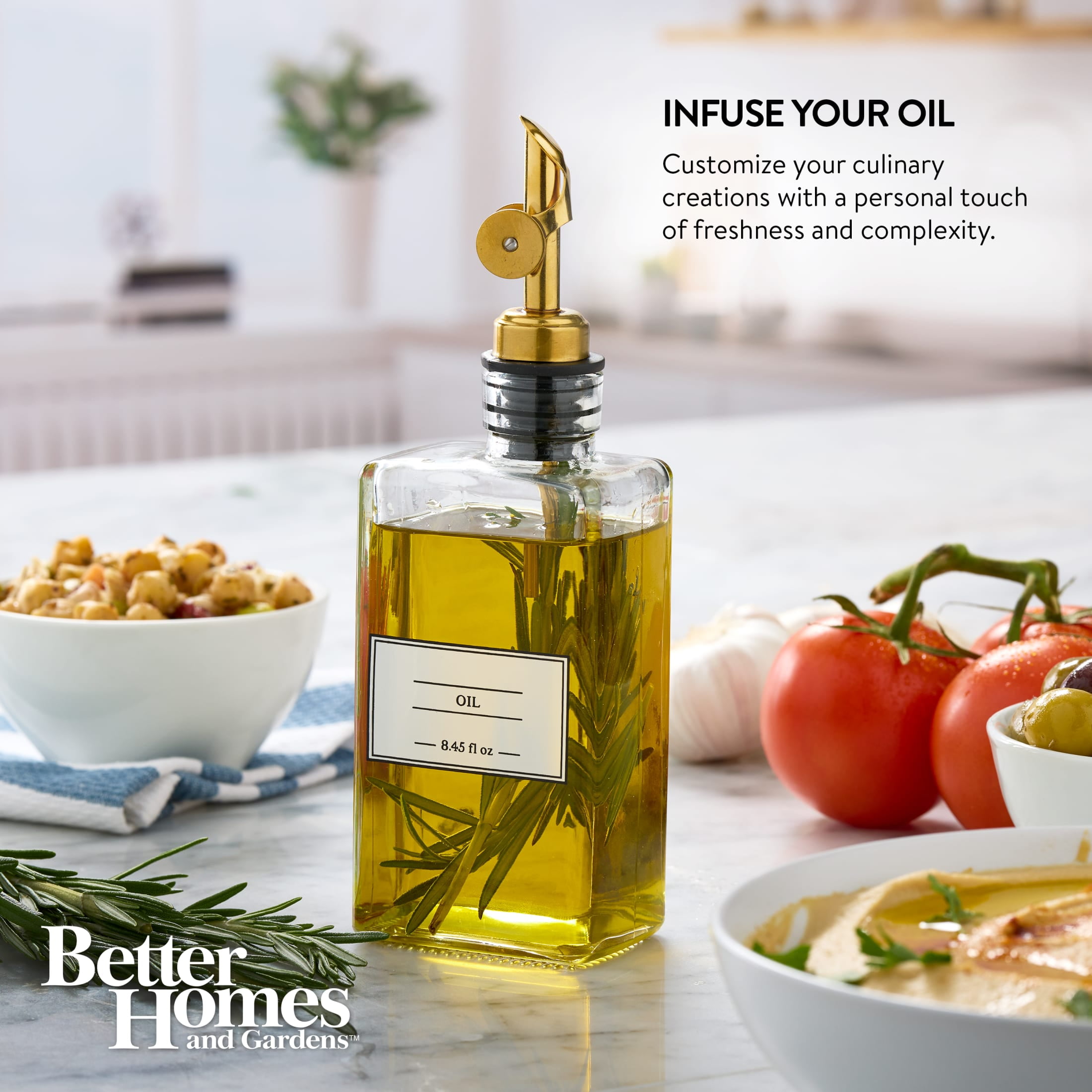 (2 pack) Better Home & Gardens 8.45 oz Unfilled Glass Oil Cruet Bottle with Gold Spout, A Practical Choice for Seasoning Storage and Serving