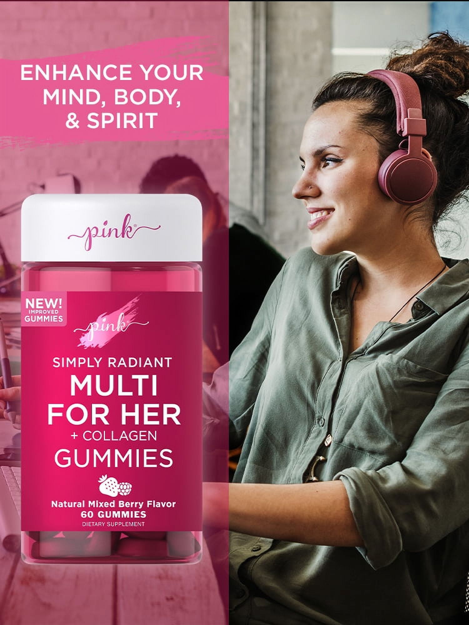 Multivitamin for Women | 60 Gummies | Plus Collagen & Biotin | Mixed Berry Flavor | by Pink