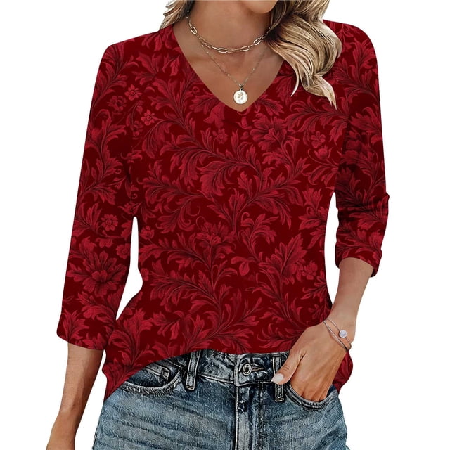 Ounisa T-Shirts à Manches 3/4 pour Femmes Col en V Manches Raglan Chandail Imprimé Décontracté Tendance Printemps Été Mode Hauts P-2TG