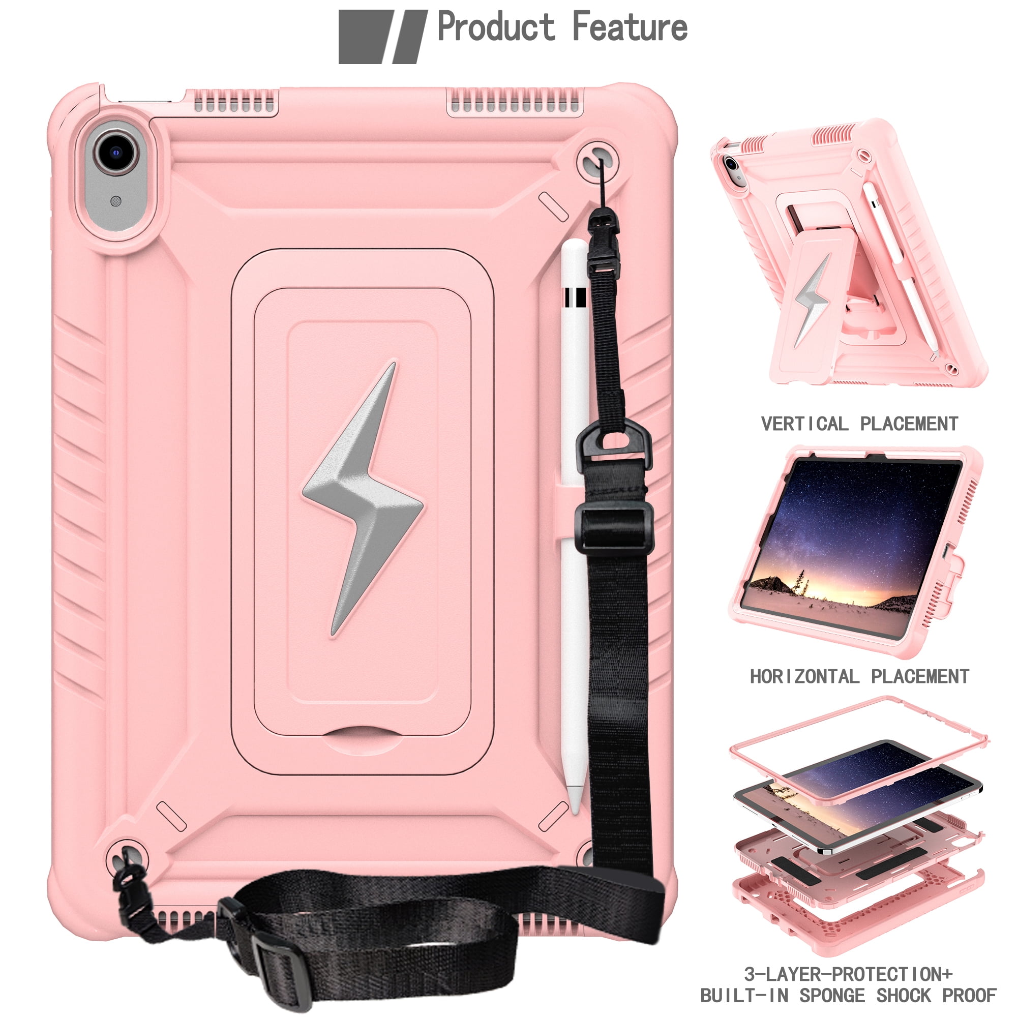 Allytechgroup Heavy Duty Shockproof Case for Apple iPad A16 11th Generation 11" 2025 & iPad 10th Generation 10.9" 2022, Tablet Case with Kickstand, Pencil Holder, Strap Kids Friendly Cover,Rosegold