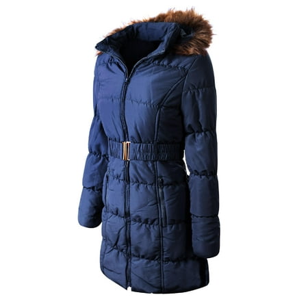 Jean Jacket With Fur Lining Made by Olivia Women's Casual Lightweight Fur Lining Hooded Quilted Zip Up Coat with Waist Belt Navy Blue M ()