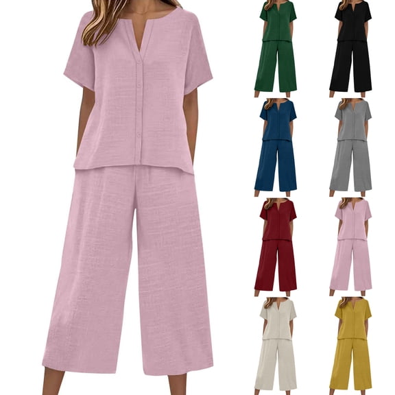 YOIAVAIOY Linen Sets for Women 2 Piece Short Sleeve Button Down Tops Solid Wide Leg Pants Lounge Sets Summer Beach Vacation Clothes Black M