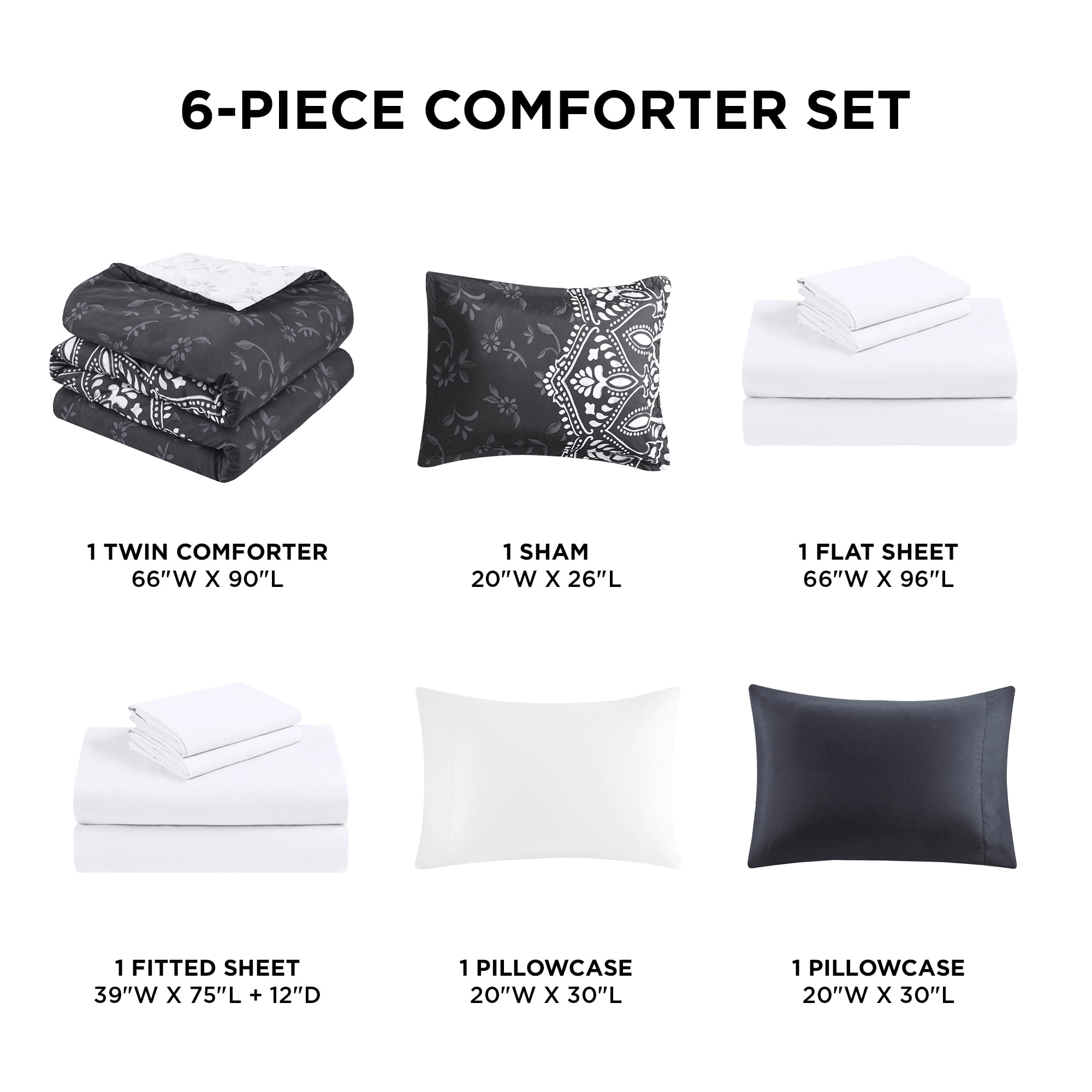 Regency Heights Twin Size Comforter Sets, Black Bed in a Bag Twin, 6 Pieces Bedding Comforter Set with Bed Sheets and Side Pockets