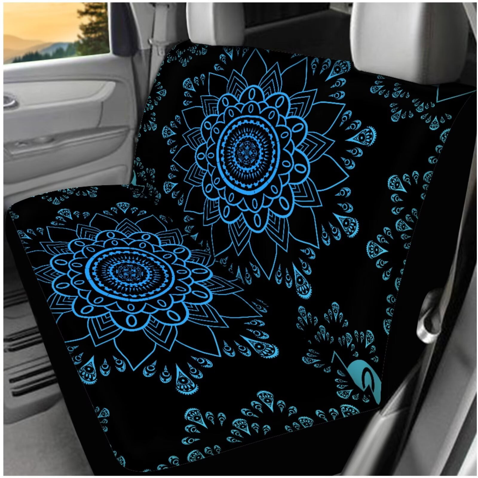 HUIACONG Blue Lotus Mandala Car Seat Covers for Women Full Set 14 Pcs Boho Car Accessories Interior Including Steering Wheel Cover Seat Belt Covers Armrest Cover Headrest Covers Coasters Keychain