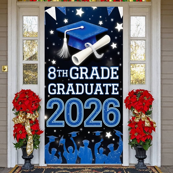 Blue Theme 8th Grade Graduation Banner Sparkling Design 2026 Graduate Display Graduation Cap Pattern Star Decor Graduation Ceremony Backdrop for 8th Grade Graduation Party Middle School Ceremony