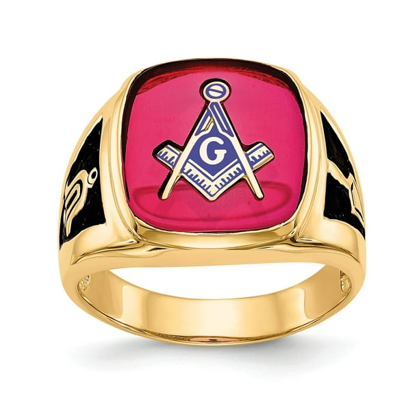 AA Jewels Solid 14k Yellow Gold Men's Synthetic Ruby Masonic Ring