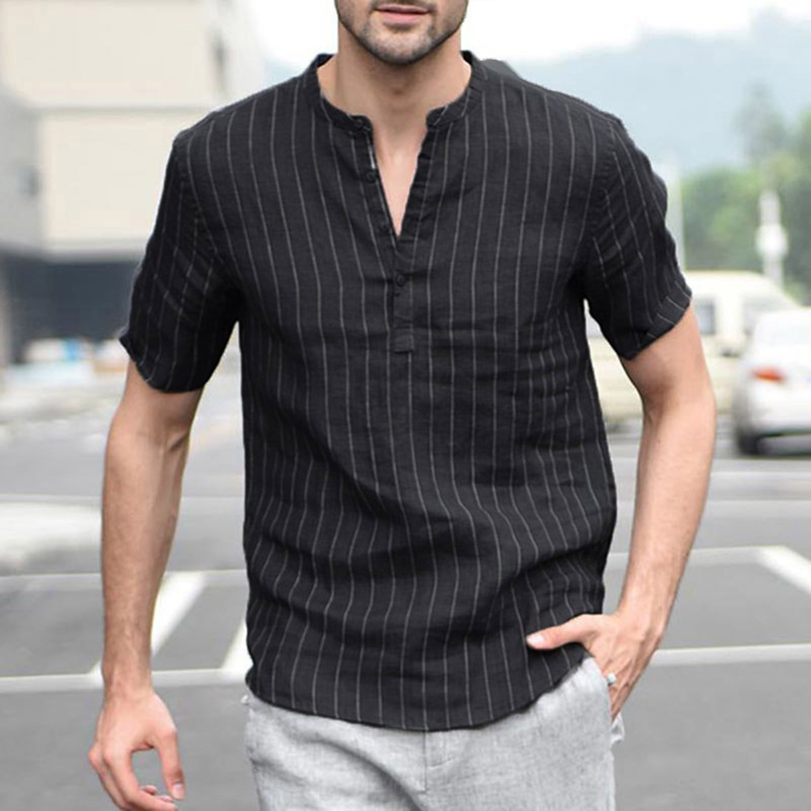 Mens Casual Linen Shirt Tronet Summer Mens Casual Striped Stand Collar 7 Points Sleeve Button Cotton Shirt Top