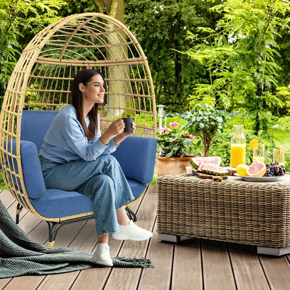 SereneLife Wicker Rattan Egg Chair, Indoor Outdoor Blue Sofa Chair for Patio Backyard & Living Room