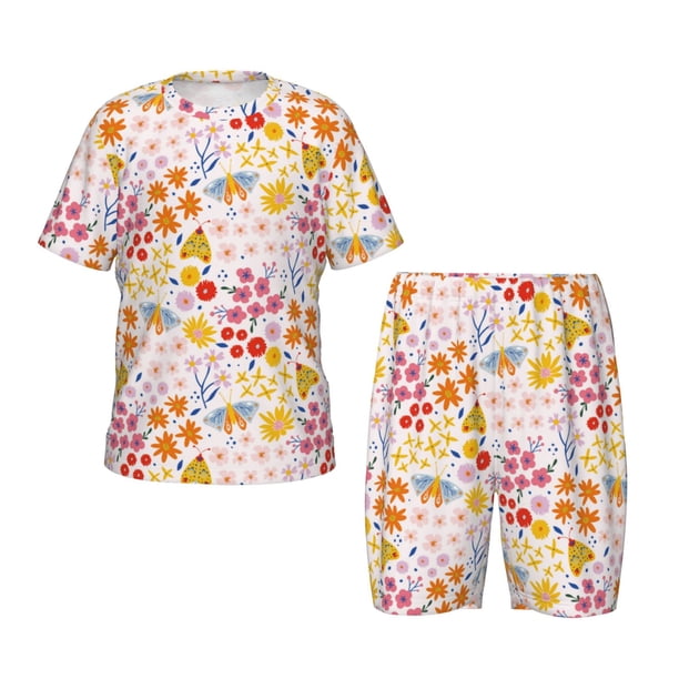 Balery Colorful Floral Conjunto de Pijama Infantil de Manga Corta con Estampado – Ropa de Dormir de Algodón Suave-XX-Large
