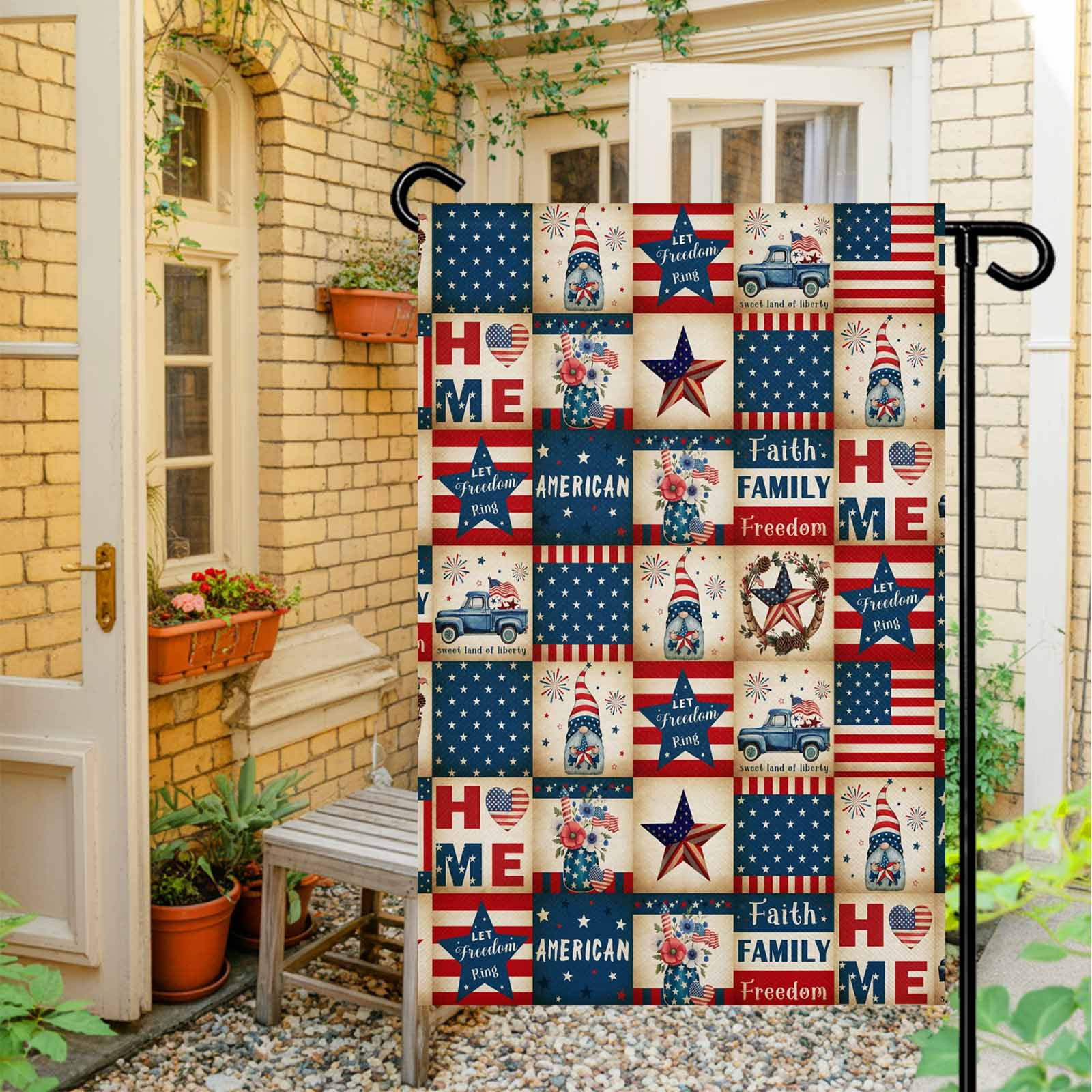 4th of July Garden Flags Patriotic Stars USA Flag Garden Flag Double Sided Welcome Flag Blue Red White Stripes Gnome Independence Day Yard Flags for Outdoor Lawn Porch Memorial Day Decor 28x40 Inch