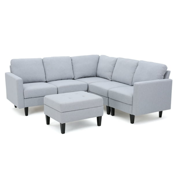 Bridger Fabric Sectional Couch with Ottoman, Light Grey