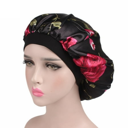 - Soft Satin Hair Bonnet for Women Girls Silk Sleeping Showering Washing Face Salon Cap Black Flowers