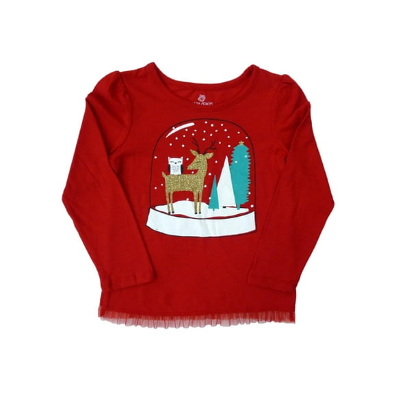 Girl Red Glittery Deer Holiday Long Sleeve Shirt Snow Globe T-Shirt Large 6