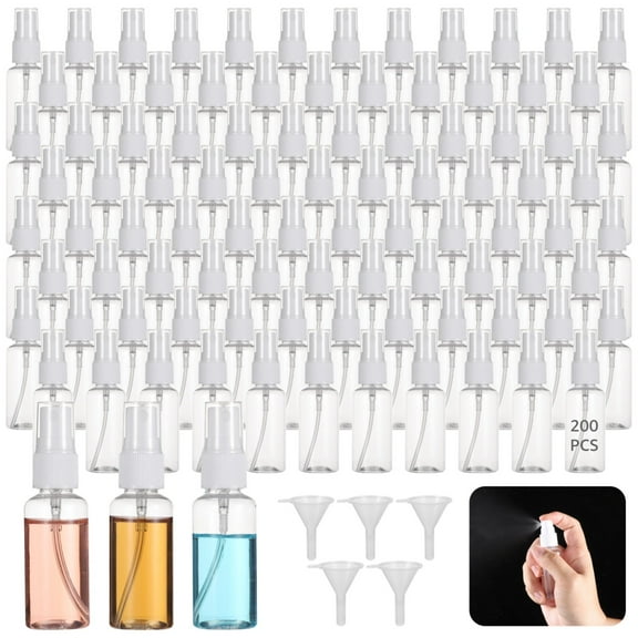 200 PCS Travel Spray Bottle, 30ml Transparent Plastic Mini Spray Bottles for Perfume Cosmetic, Travel Size with 5 Funnels, Convenient Refillable, Leak-proof Design