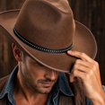 thumbnail image 4 of Western Cowboy Hat for Women and Men, Unisex Big Wide Brim Felt Hats for Cowboys and Cowgirls (Coffee), 4 of 5