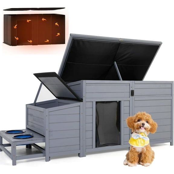 Jaxpety Large Insulated Outdoor Dog House, Winter Weatherproof Wooden Dog Kennel with Slow Feed Bowls, Gray