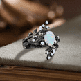 thumbnail image 3 of Gothic Oval Cut White Opal Wedding Ring in 14K Black Gold Vermeil- Art Deco Leaf Bridal Band, 3 of 5