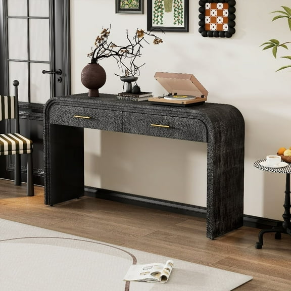 TREXM Unique Retro Console Table with Open Style & Drawers (Antique Black)