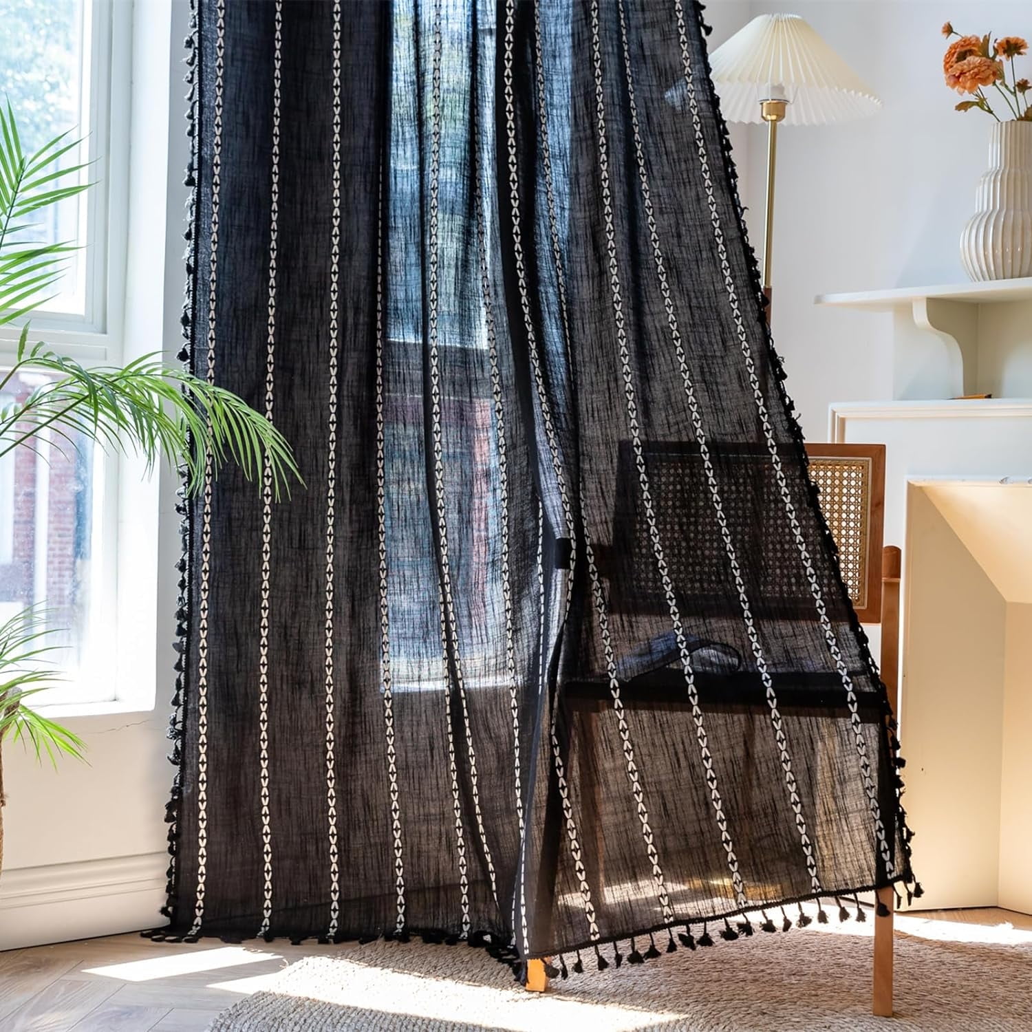 Psoiuetr Black Boho Curtains for Bedroom Living Room Linen Cotton Embroidered Semi Blackout Farmhouse Window Treatment Drape Vintage Tassels Rod Pocket 1 Panel 52" W x 84" L