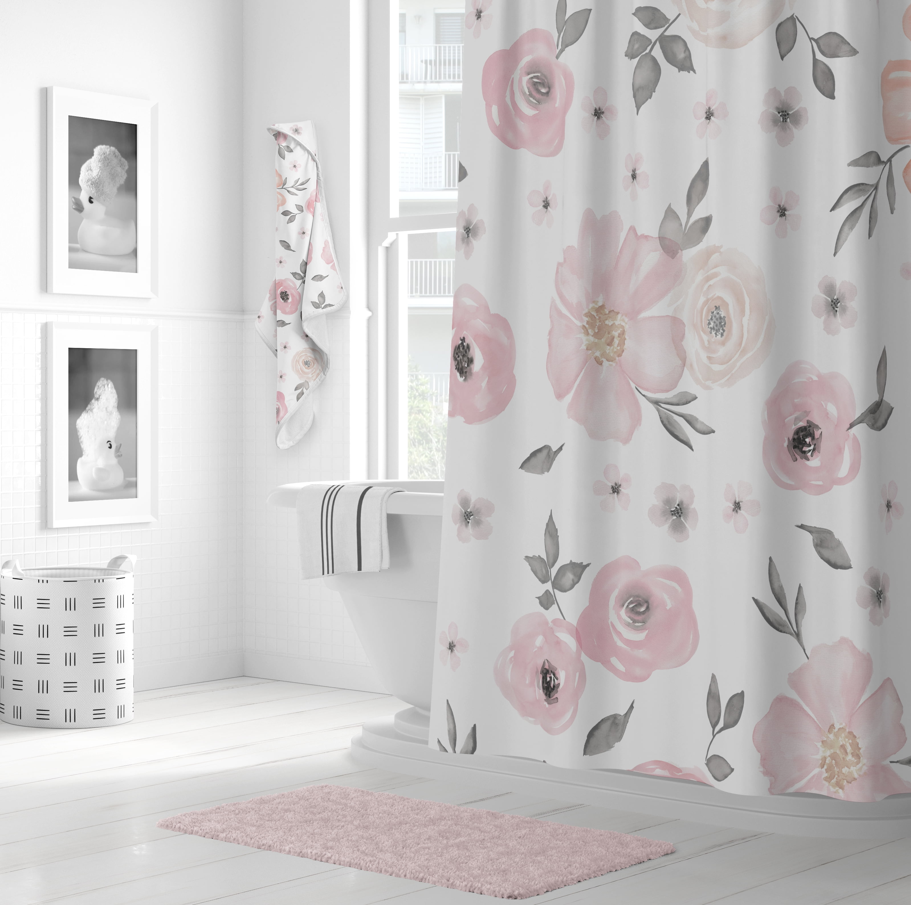 Sweet Jojo Designs Watercolor Floral Pink and Grey Girl Hooded Baby Towels - Toddler Bath Towel