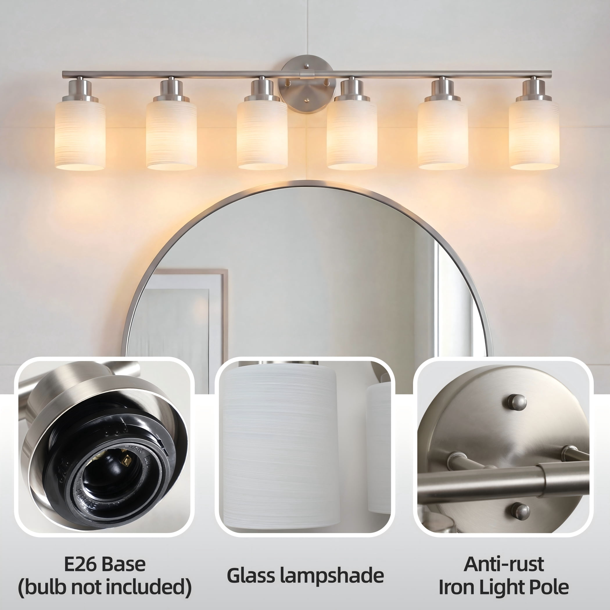 39" Modern 6-Light Brushed Nickel Vanity Light - Frosted Glass Wall Sconce for Bathroom & Hallway (Bulbs Not Included)