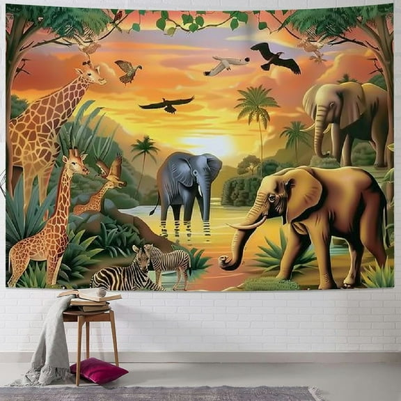 JRXY Tropical Forest Grassland African Animals Tapestry Home Decor Jungle Lio-n Elephant Giraffe Zeb-ra Tapestry Wall Hanging Decor for Room Painting