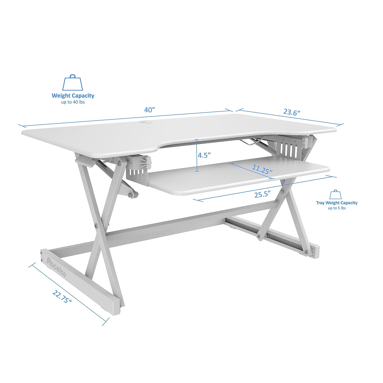 Rocelco 40" Large Height Adjustable Standing Desk Converter - White