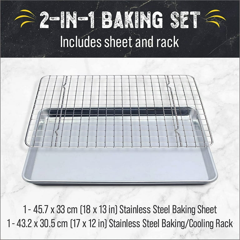 Checkered Chef Stainless Steel Half Sheet 18x13 Inch Baking Pan and 17x12  Inch Cooling Rack Kitchen Cookware Set, Oven and Dishwasher Safe