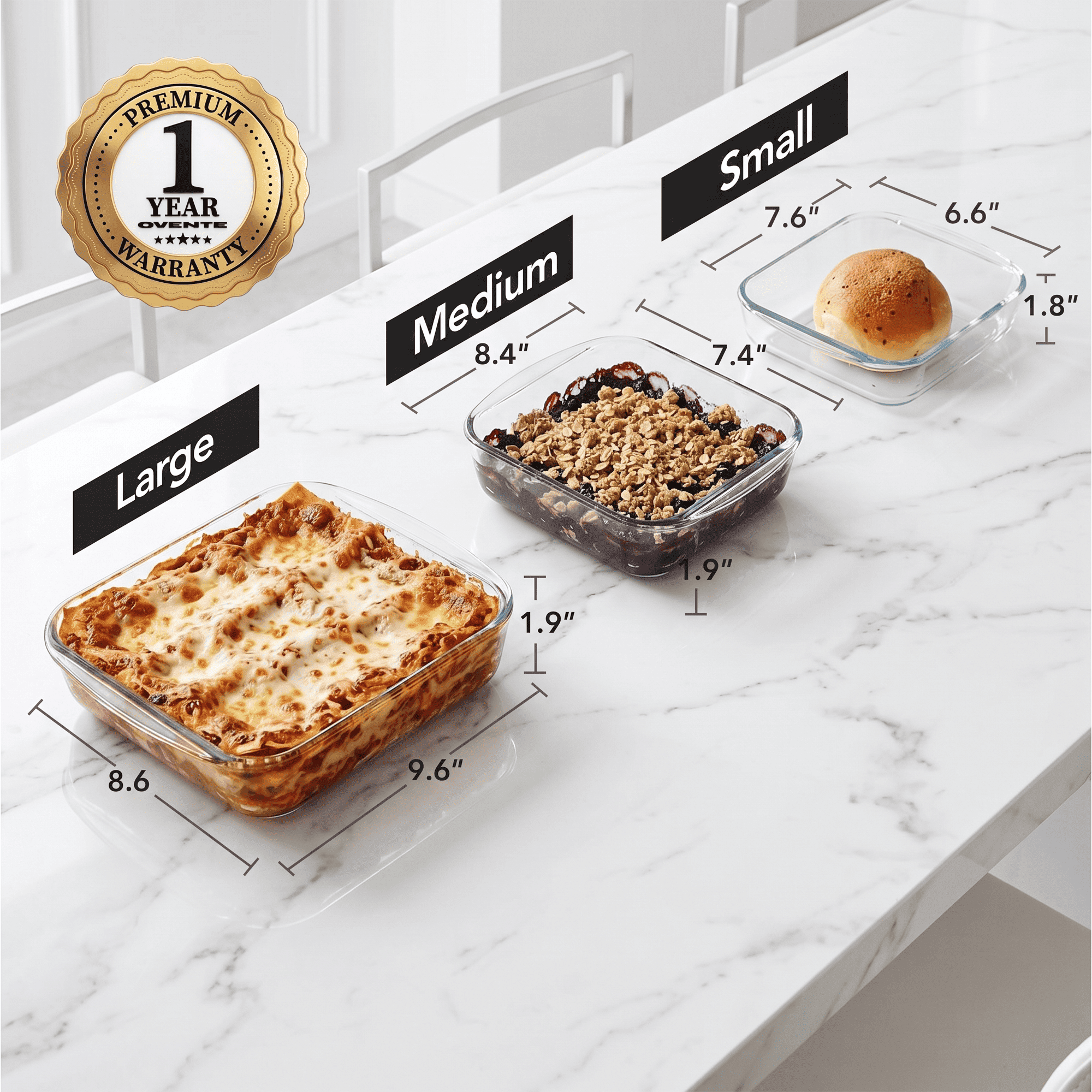 OVENTE Glass Baking Dish Set, 3-Piece Square Bakeware Set, Clear GBD30 | 0.9L, 1.1L, and 1.8L, Oven, Microwave & Dishwasher Safe, Even Heating Performance, Transparent Design for Easy Monitoring