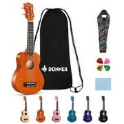 Donner 21" Soprano Ukulele Kit with Online Lesson, Bundle, Strap, String, Tuner, Pick, Cloth for Beginner Mahogany
