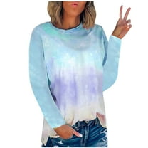 LYEAA Long Sleeve Crew Neck Shirts for Women Warm Tops Stylish Tie-dyed Winter Pullover Comfortable Dressy Casual Outfits Loose Lightweight Clothes Blue M