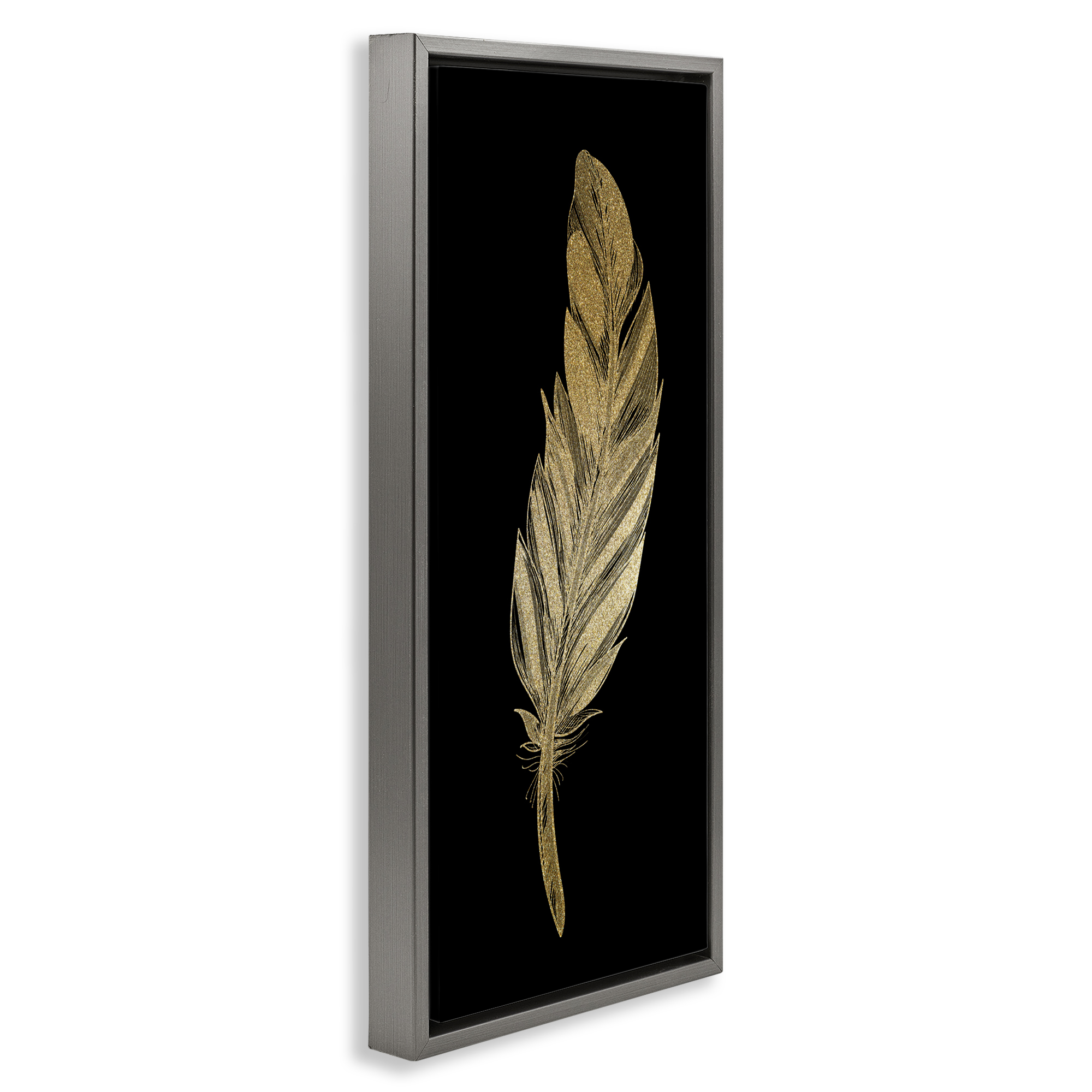 Glam Feather Black & Gold Gray Framed Floater Canvas Wall Art, design by Kim Allen