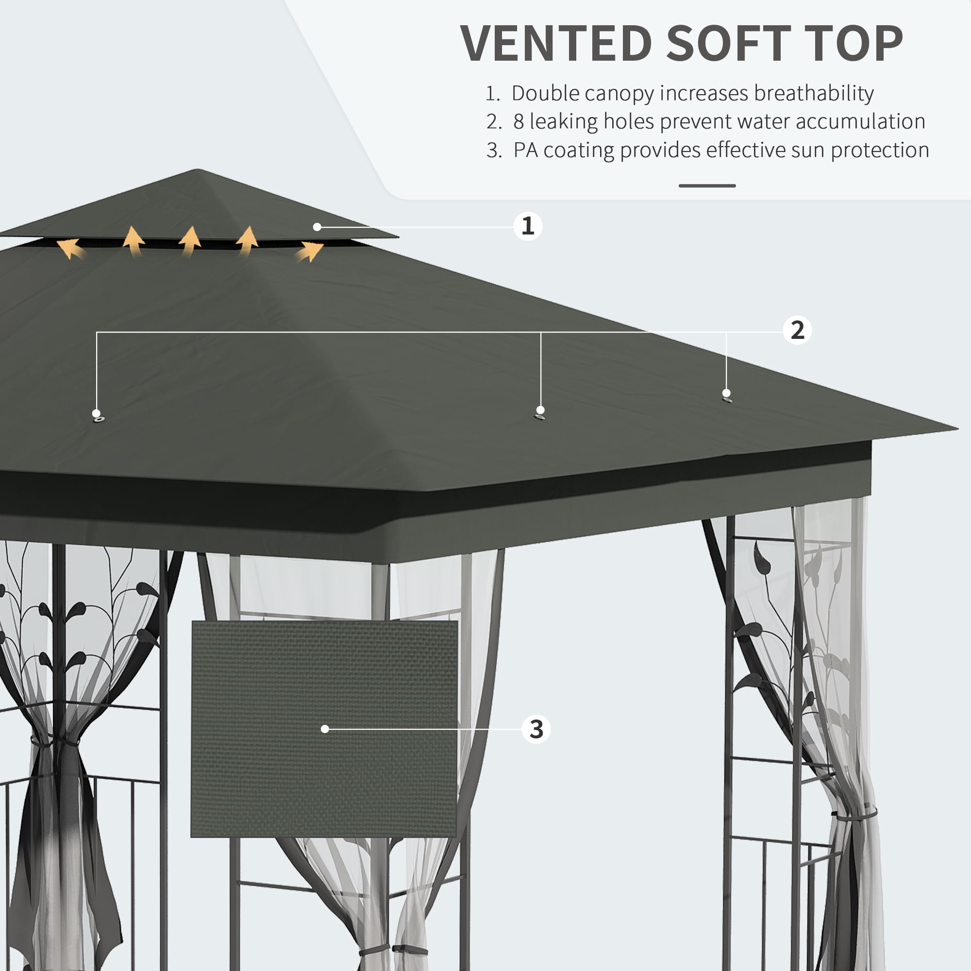 Outsunny&nbsp;10'&nbsp;x&nbsp;10'&nbsp;Metal Patio Gazebo, Double Roof Outdoor Gazebo Canopy Shelter with Tree Motifs Corner Frame and Netting, for Garden, Lawn, Backyard, and Deck, Gray