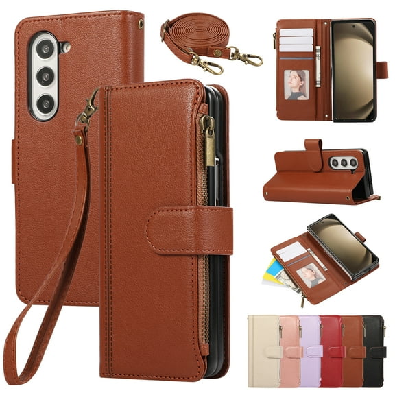 Wallet Phone Case Compatible with Samsung Galaxy Z Fold 5,Retro PU Leather Strap Wristlet Flip Phone Case with Magnetic Closure,[RFID Blocking] Card Holder and Kickstand for Men Women,Brown