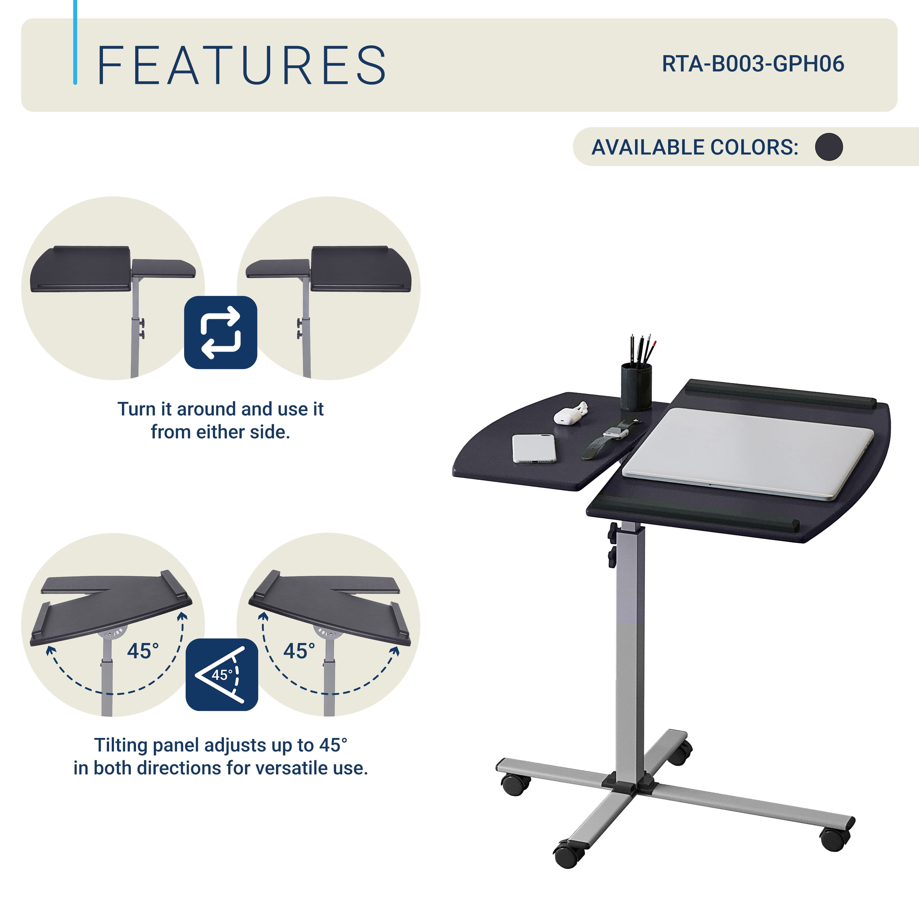 Rolling Adjustable Laptop Cart, Height & Tilt Adjustable Laptop Stand with Locking Casters, Anti-Slip Edge Stoppers, MDF Panel Mobile Workstation