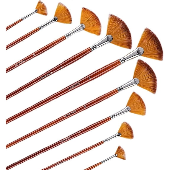 9 Pieces Fan Paint Brushes Set, Happon Professional Artist Fan Brush Paint Brushes with Nylon Hair Long Wood Handle for Acrylic Watercolor Oil Painting