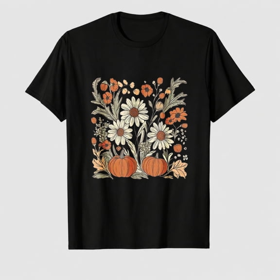 Women's Fall Pumpkin Daisy Floral Graphic T-Shirt, 100% Cotton Short Sleeve Shirt