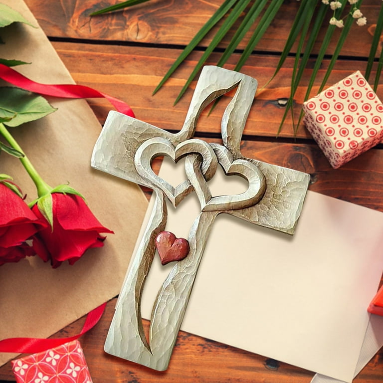 Norbi Carved Wooden Cross with Intertwined Hearts, Wall Cross