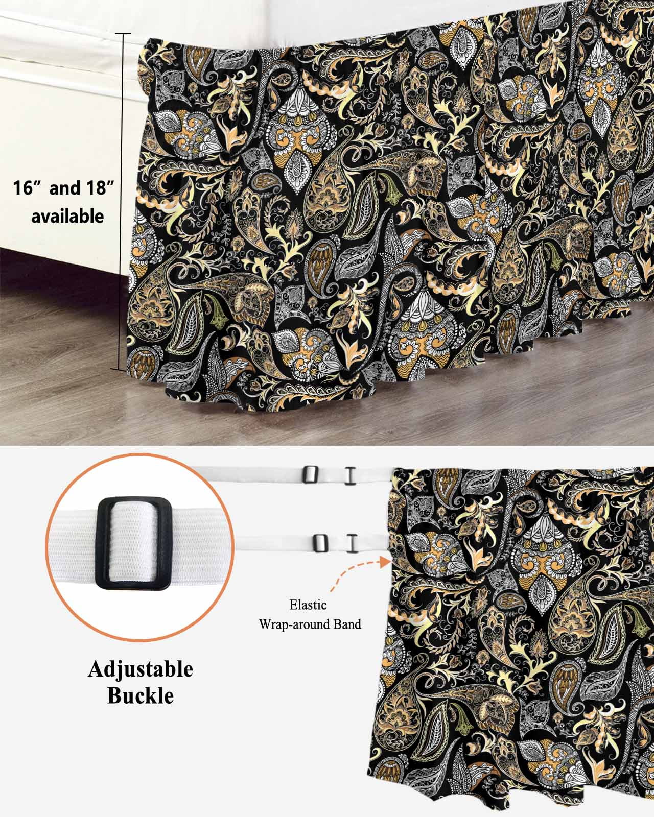 Black Floral Wrap Around Bed Skirts for Queen Bed 18" Drop,Bed Skirt with Adjustable Elastic Belt Dust Ruffle Bed Valance for Bedroom Hotel Boho Botanical Vintage Paisley Flower Bed Frame Cover