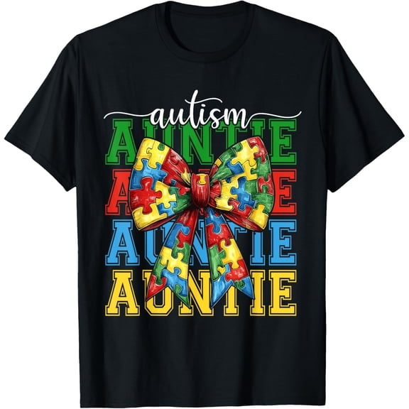 Autism Auntie Puzzle Coquette Bow Autism Awareness Aunt Shirt BLACK Unisex S-5XL