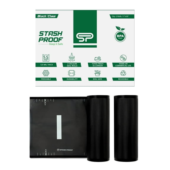 Stash Proof Vacuum Seal Rolls 11" x 50' 2 Pack (100 Feet Total) (Clear and Black) 5.5 Mil - BPA Free Commercial Grade Food Saver for Storage, Sous Vide, and Meal Prep Sealer Bag