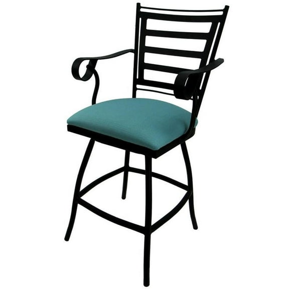 Swivel Counter 26" Outdoor Bar Stool Jenna Arms - Aqua Linen Fabric- Black Metal
