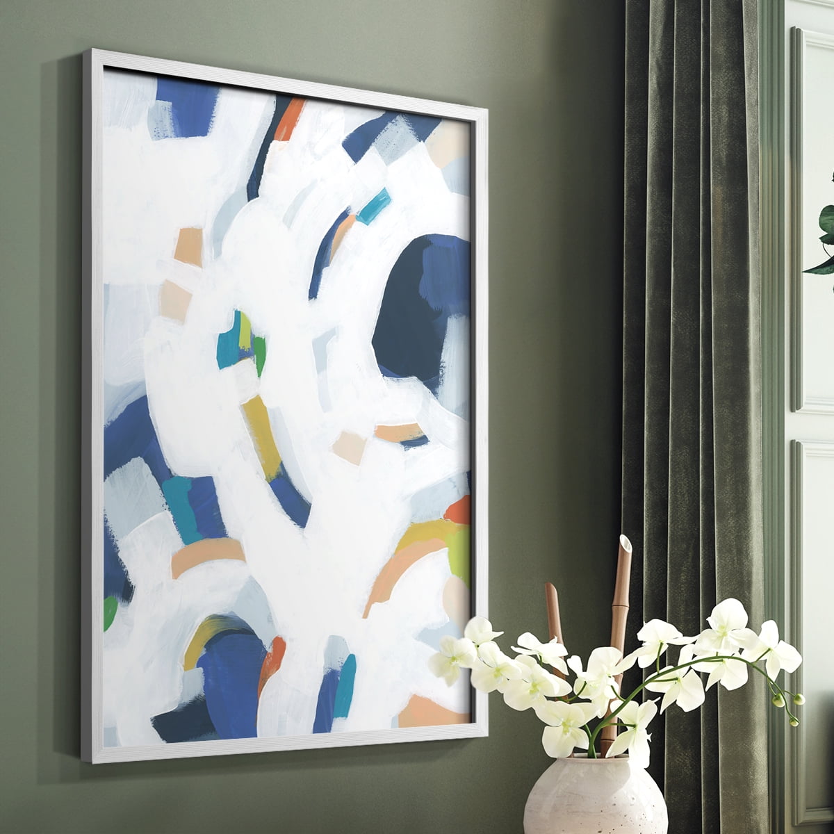 Bright Orbit II Framed Print in White Solid Wood Framed Print No Nail Hanging