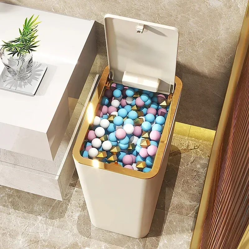 Odor Proof Trash Can with One-Touch Modern Design Durable Plastic Bathroom Kitchen Bin Space Saving Leakproof