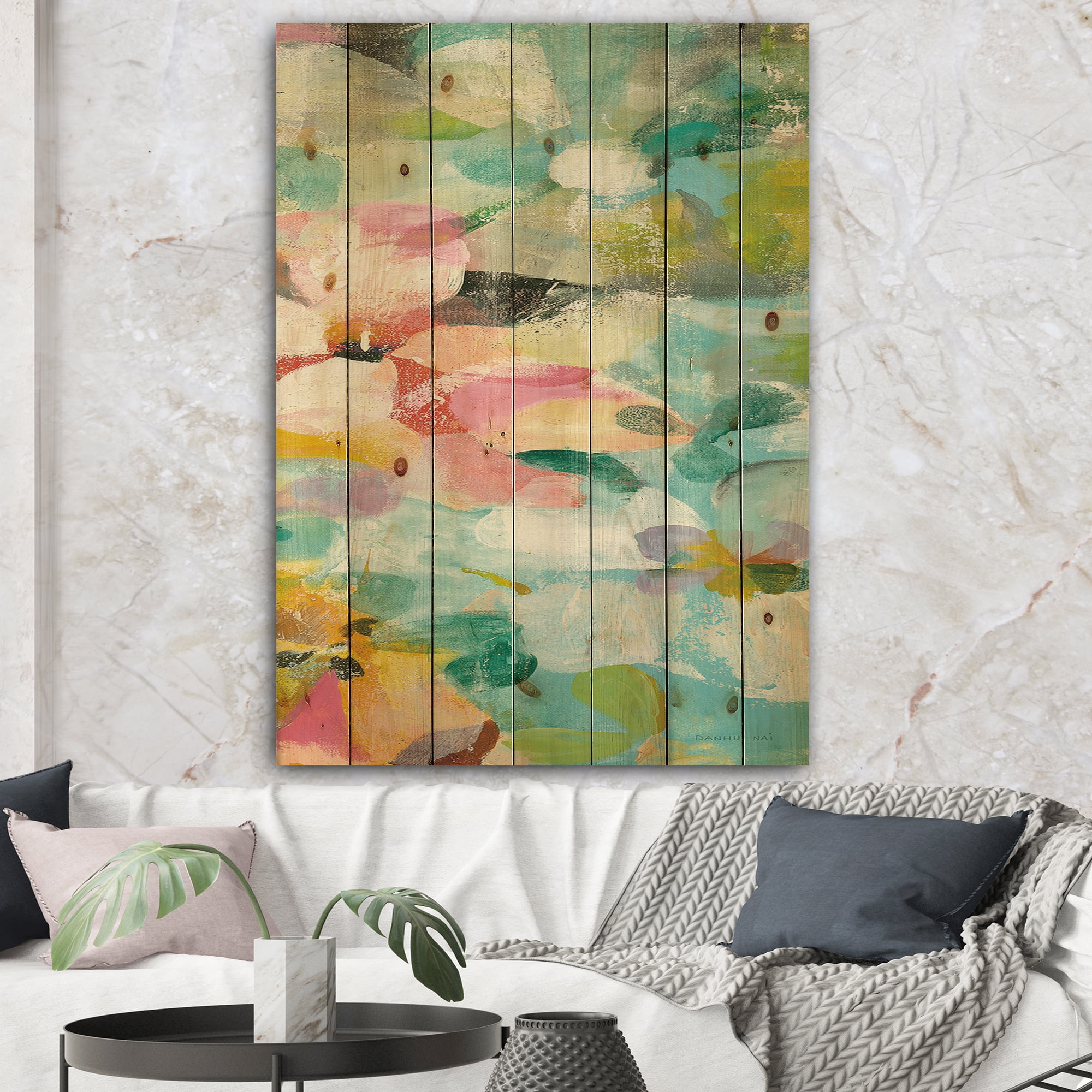 Designart 'Handpainted Abstract Flowers in Blue and Pink' Cabin & Lodge Print on Natural Pine Wood