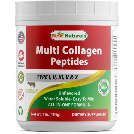Best Naturals Multiple Collagen Peptides Protein Type I, II III, V & X Collagen unflavored 1 Pound - Grass Fed & Pasture Raised - Water Soluble - Easy to
