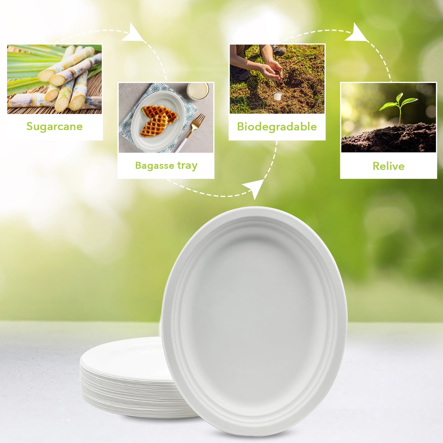 Three Leaf Bagasse Oval Plate 12 in x 10 in 50 ct White Heavy-Duty Compostable Sugarcane Disposable Plates for Party and Catering