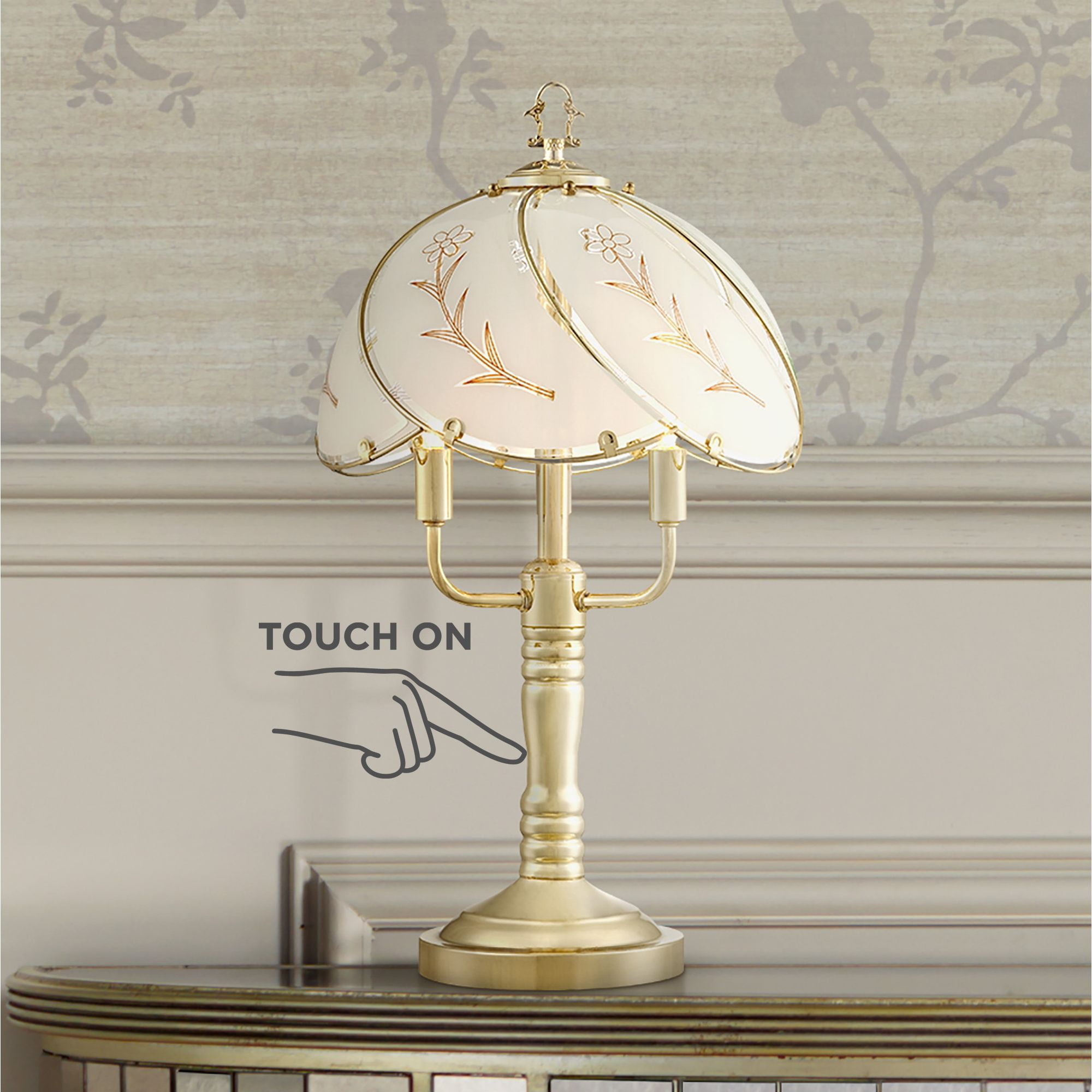 Regency Hill Flower Traditional Accent Table Lamp 19 1/2" High Polished Brass Touch On Off Floral Glass Shade for Bedroom Living Room Bedside Office