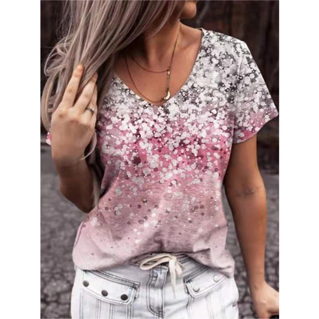 U.Vomade New Women's Fashion All-Match V-Neck Short-Sleeved Top Floral Pattern Casual Loose T-Shirt